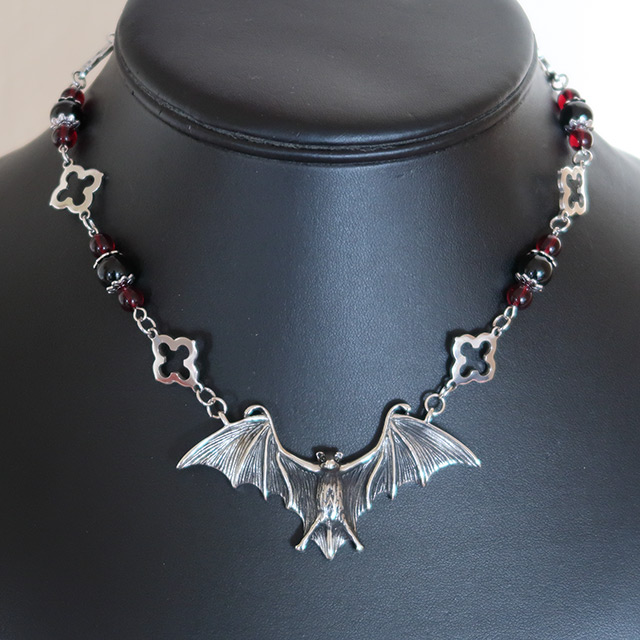 Bat Necklace & Earrings Set (Black Onyx, Red Glass)